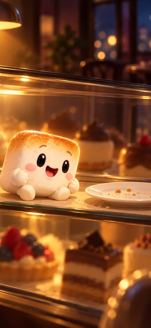 Mallo the marshmallow sitting in a dark café display case