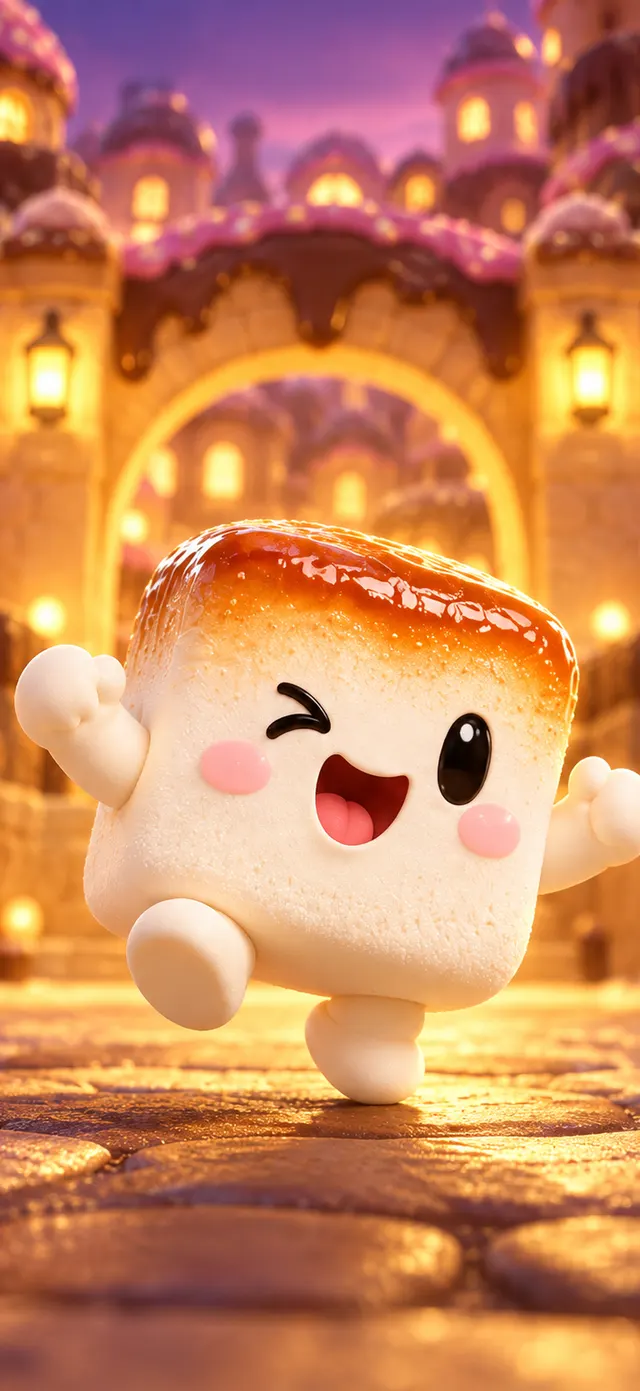 Mallo the marshmallow cheering in front of a candy castle gate